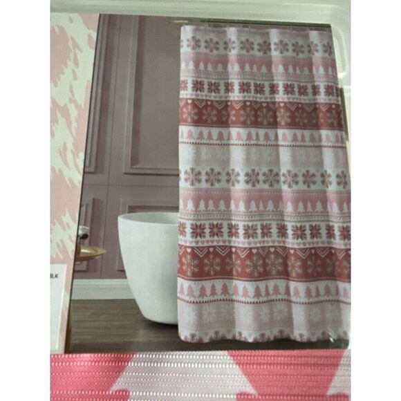 Betsey Johnson Pink Fair Isle Christmas Tree Snowflakes Fabric Shower Curtain - Picture 8 of 13